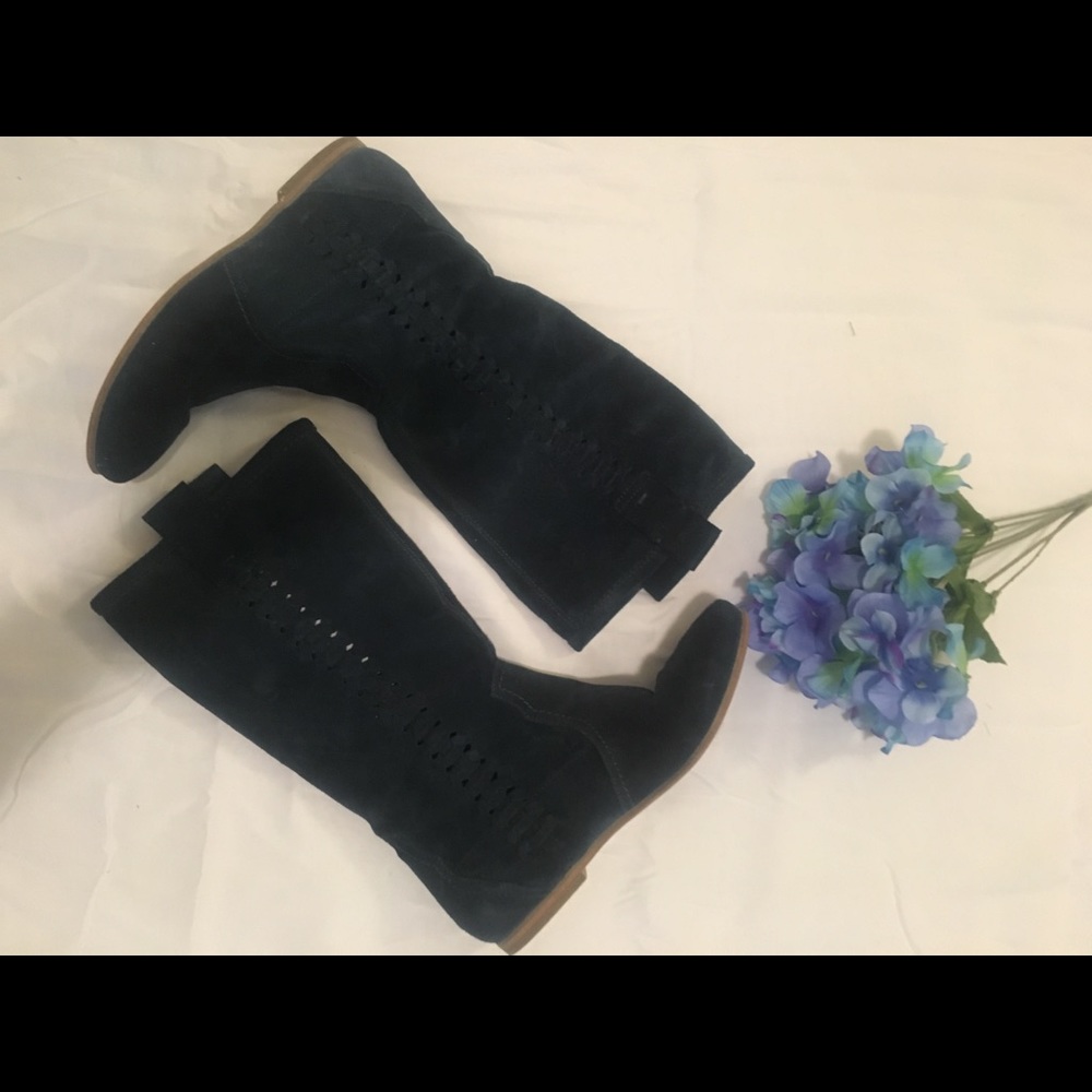 Navy blue suede knee boots